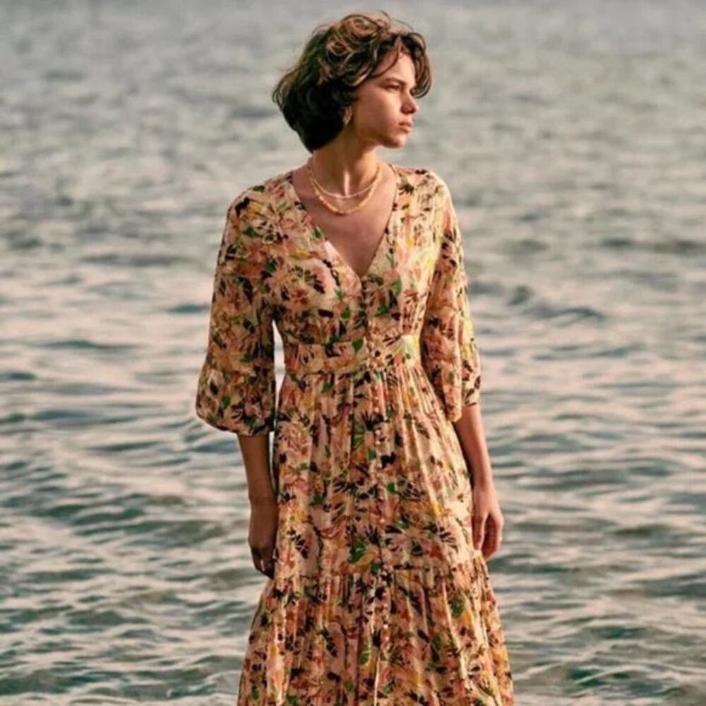 Sezane Bonnie Dress in Painted Lurex Silk 36/US 4 Maxi Shimmer Cocktail